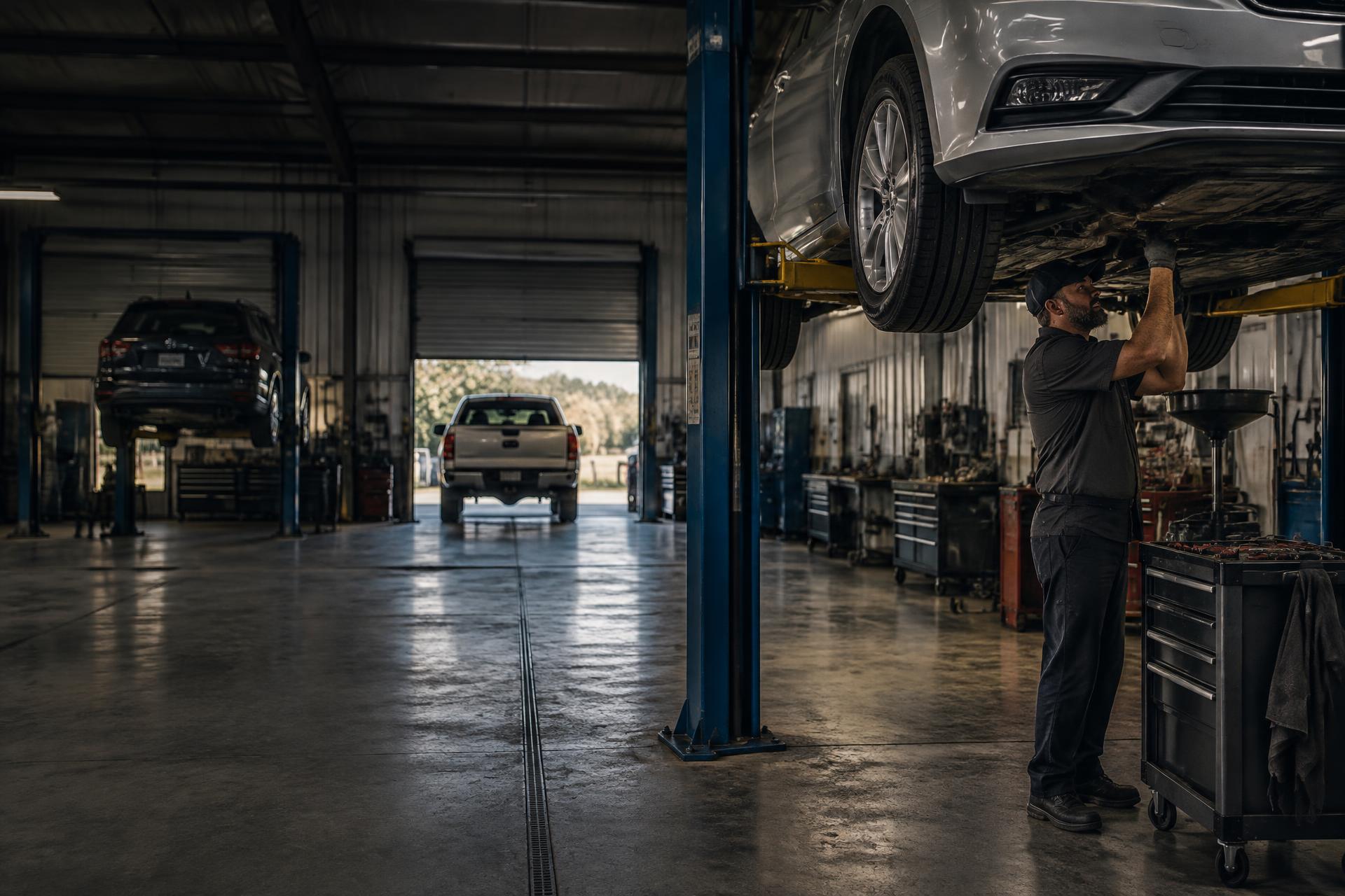 Mechanic working beneath a lifted sedan in a clean shop bay